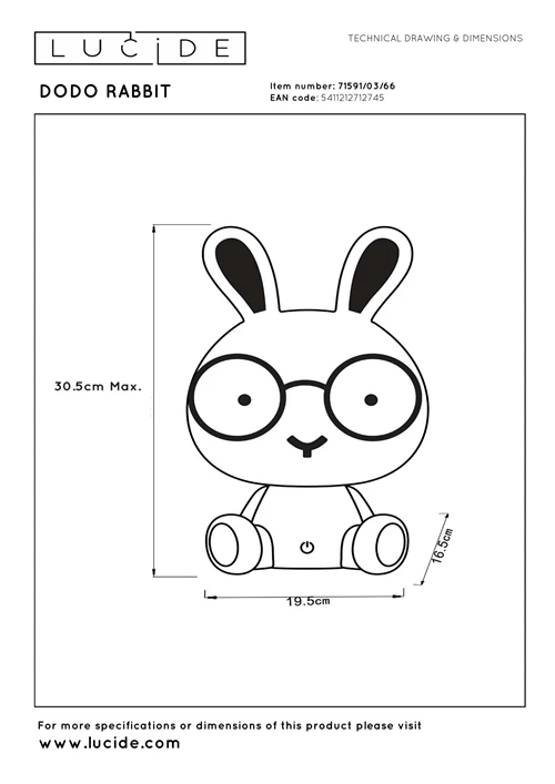 Lucide DODO RABBIT - Tischlampe Kinderzimmer - LED 3 StepDim - 1x3W 4000K - Rosa - technisch